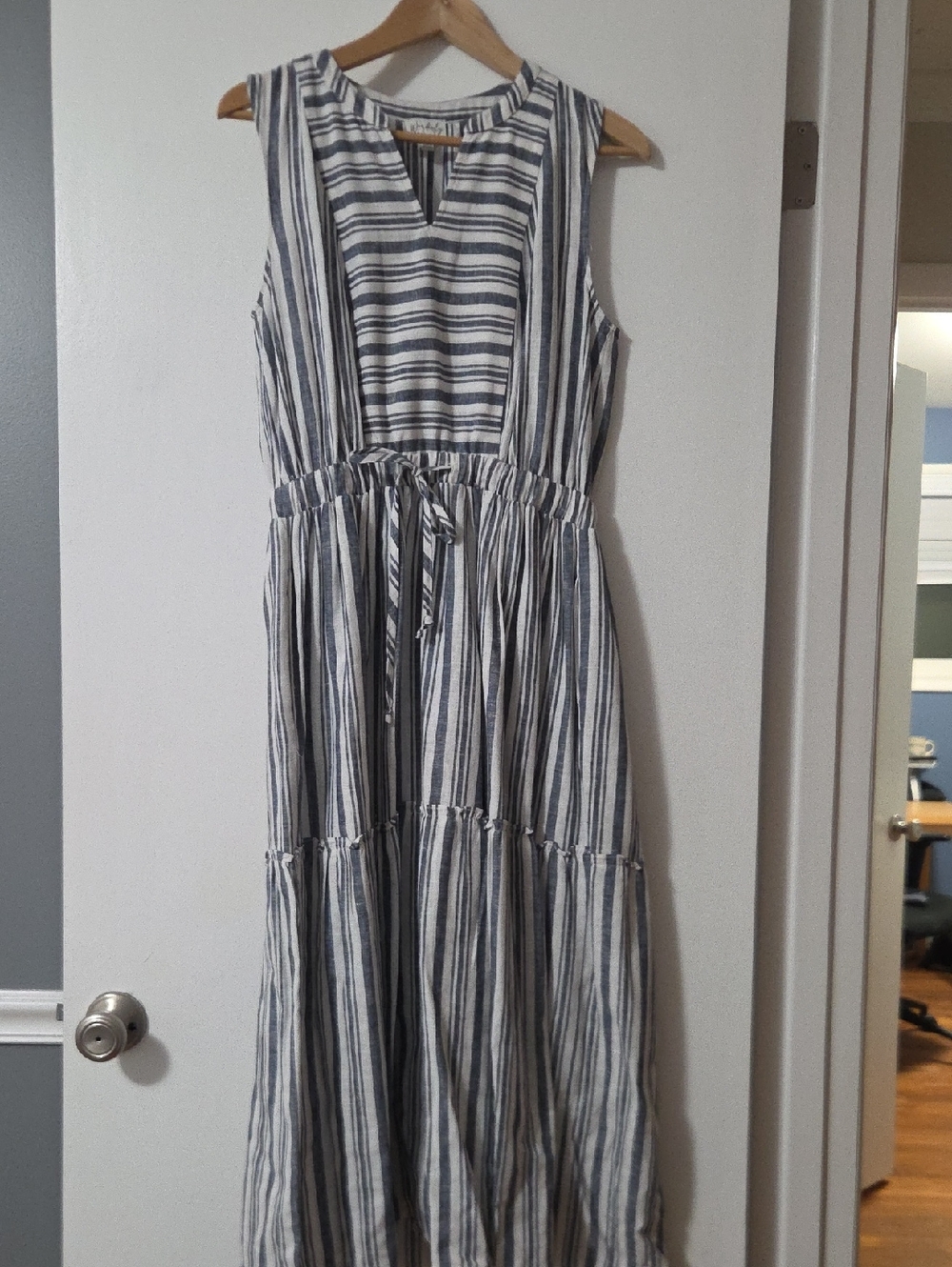 Wonderly Navy and White Striped Sleeveless Tiered Maxi Dress